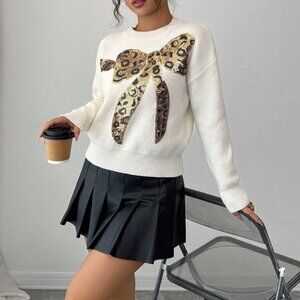 Apricot Women's Casual Bowknot Sequin Leopard Long Sleeve Sweater